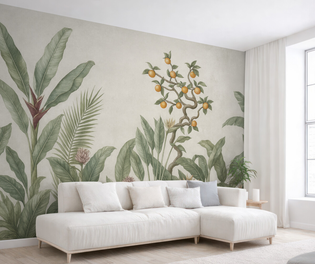 Fototapeta Tropikalne rośliny z pomarańczowym krzewem na jasnym tle.