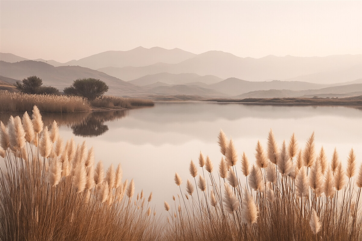 Fototapeta widok na zalew z trawami