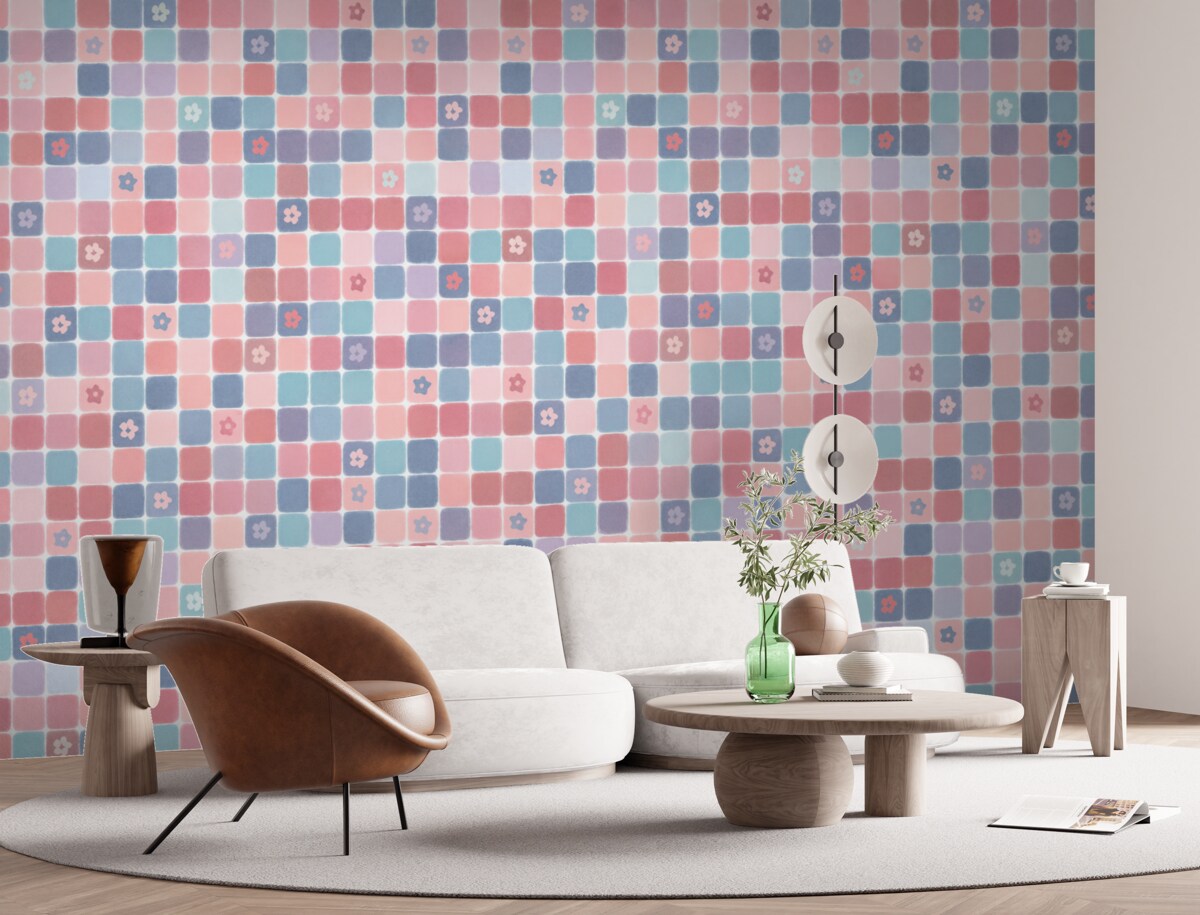 Fototapeta Subtelny motyw w kratkę i rośliny.