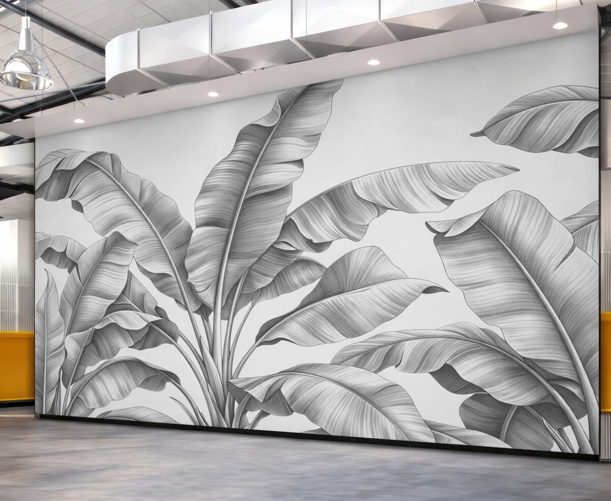 Fototapeta Narysowane wielkie liście bananowca w odcieniach szarości.