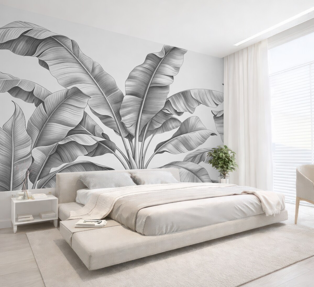 Fototapeta Narysowane wielkie liście bananowca w odcieniach szarości.