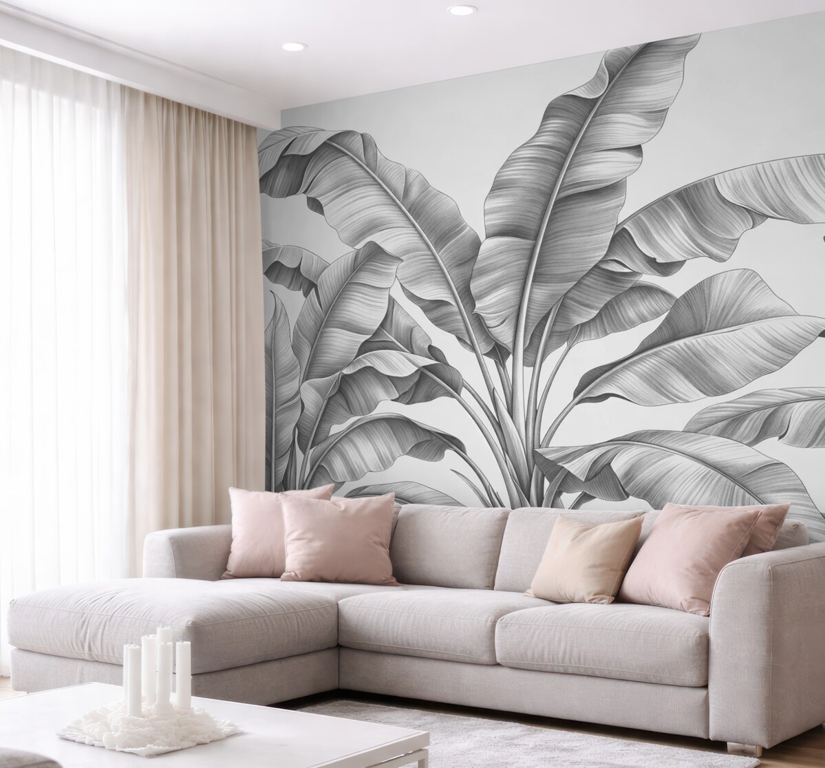 Fototapeta Narysowane wielkie liście bananowca w odcieniach szarości.