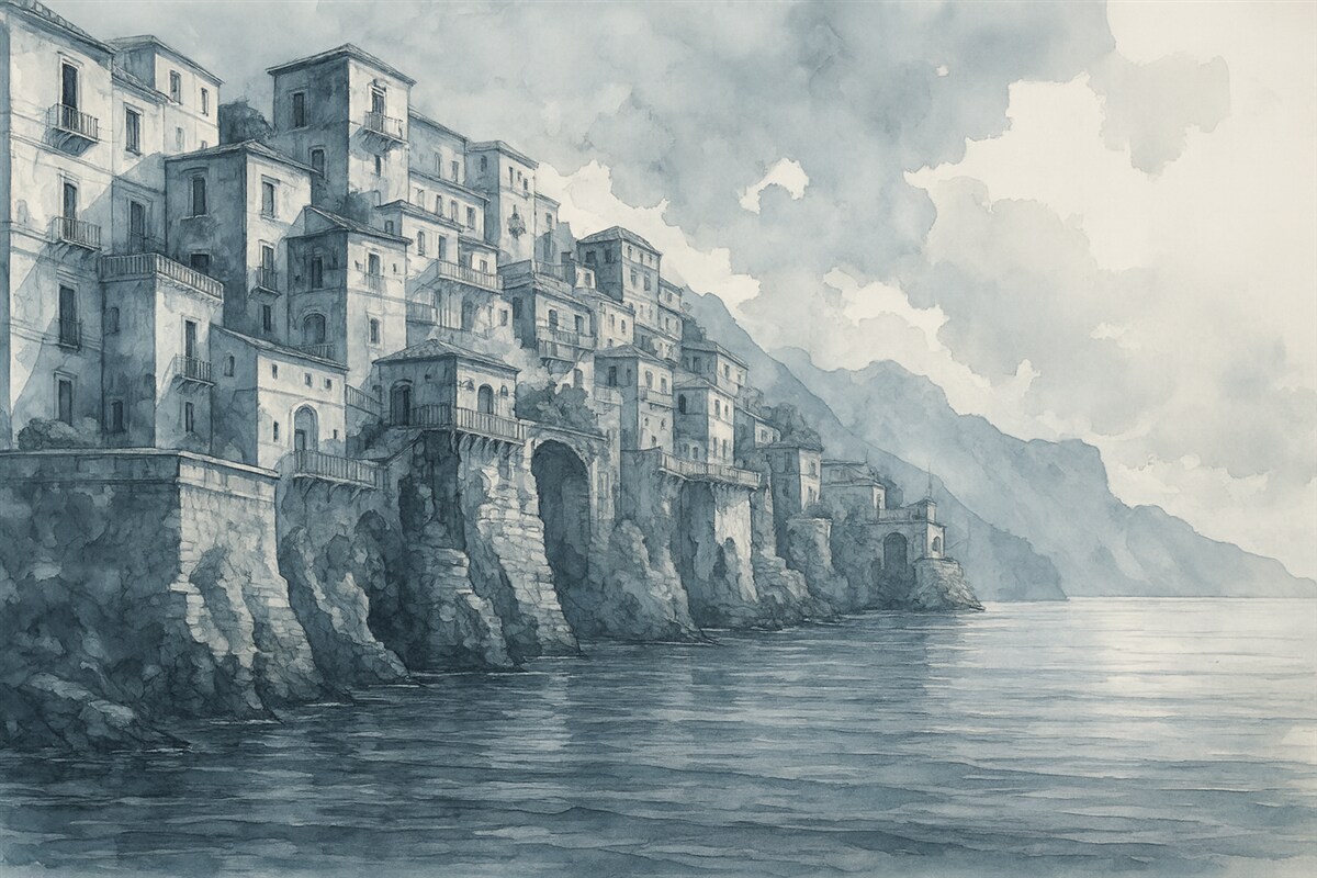 Fototapeta namalowane akwarelowe miasto przy wodzie w tonacjach błękitu