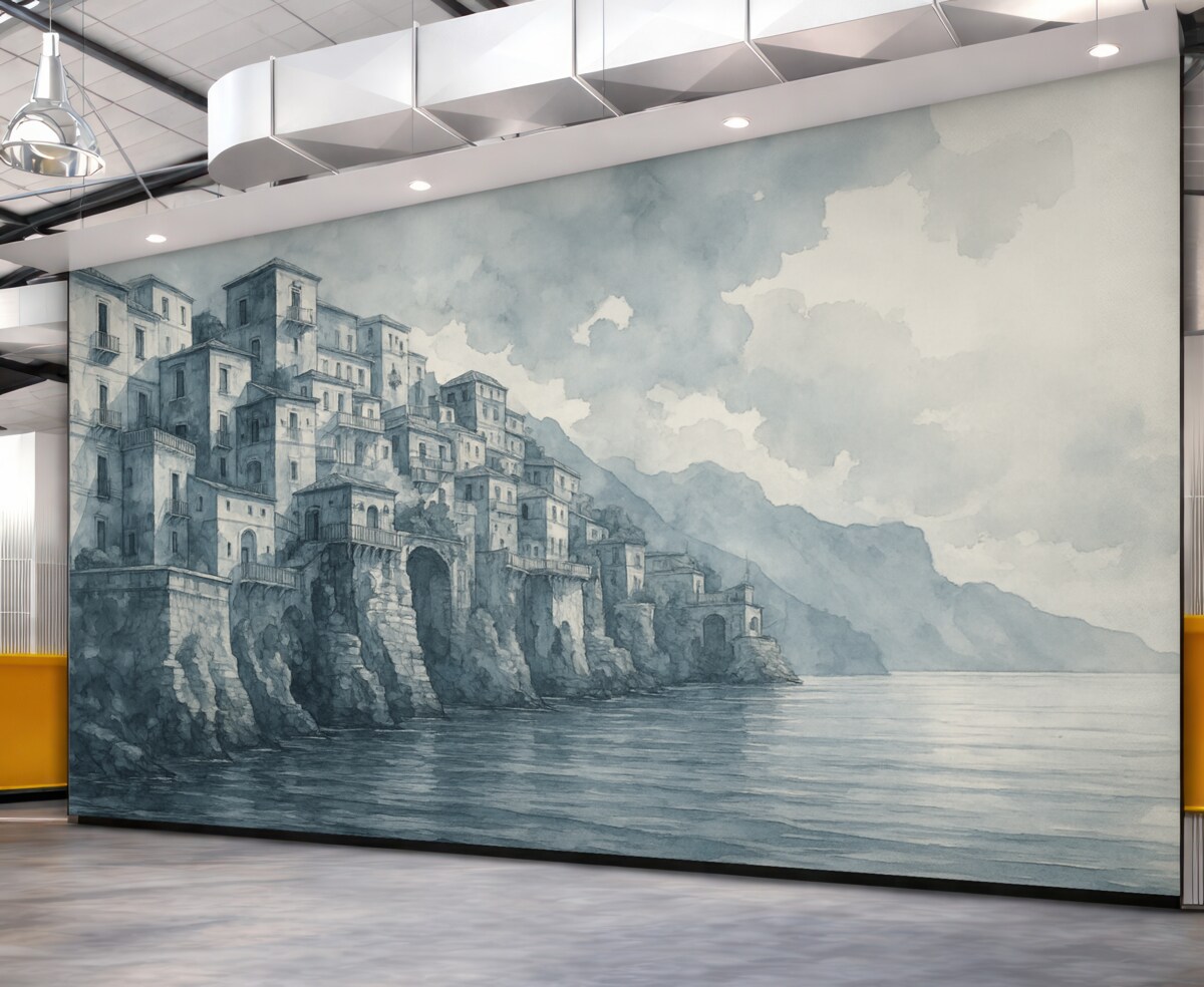 Fototapeta namalowane akwarelowe miasto przy wodzie w tonacjach błękitu