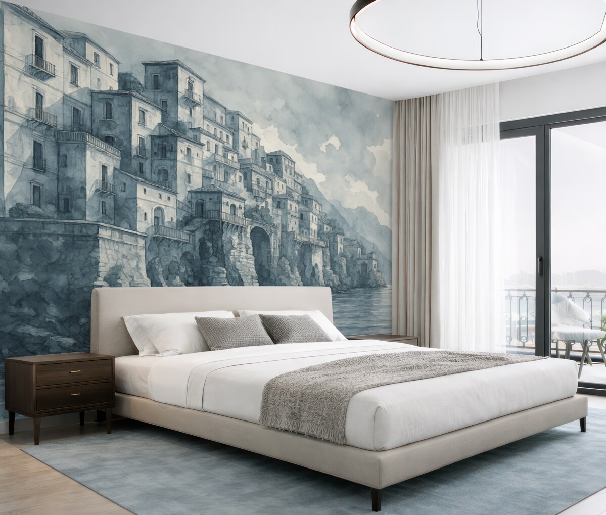 Fototapeta namalowane akwarelowe miasto przy wodzie w tonacjach błękitu