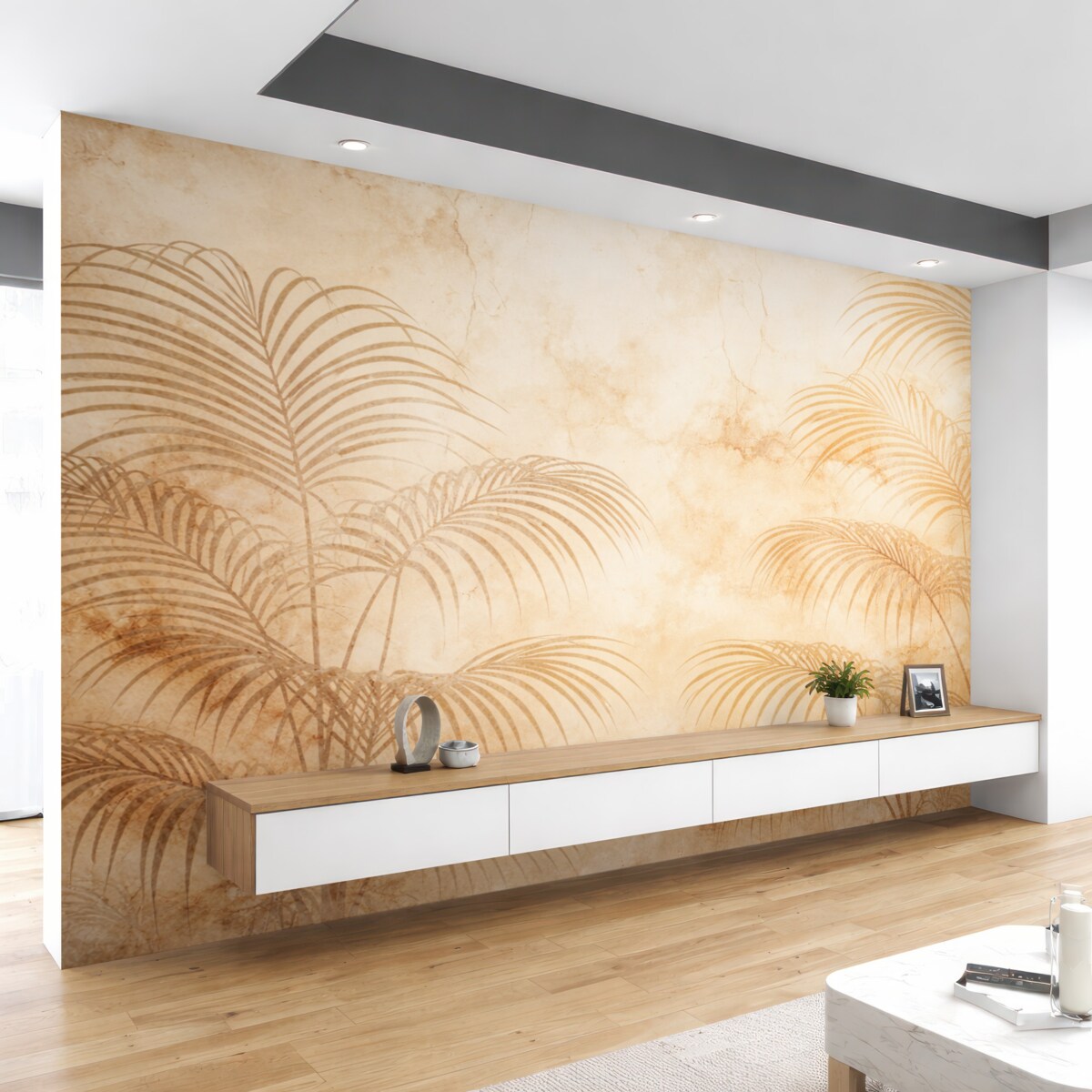 Fototapeta Sylwetki palmowych gałęzi na beżowej, spękanej ścianie.