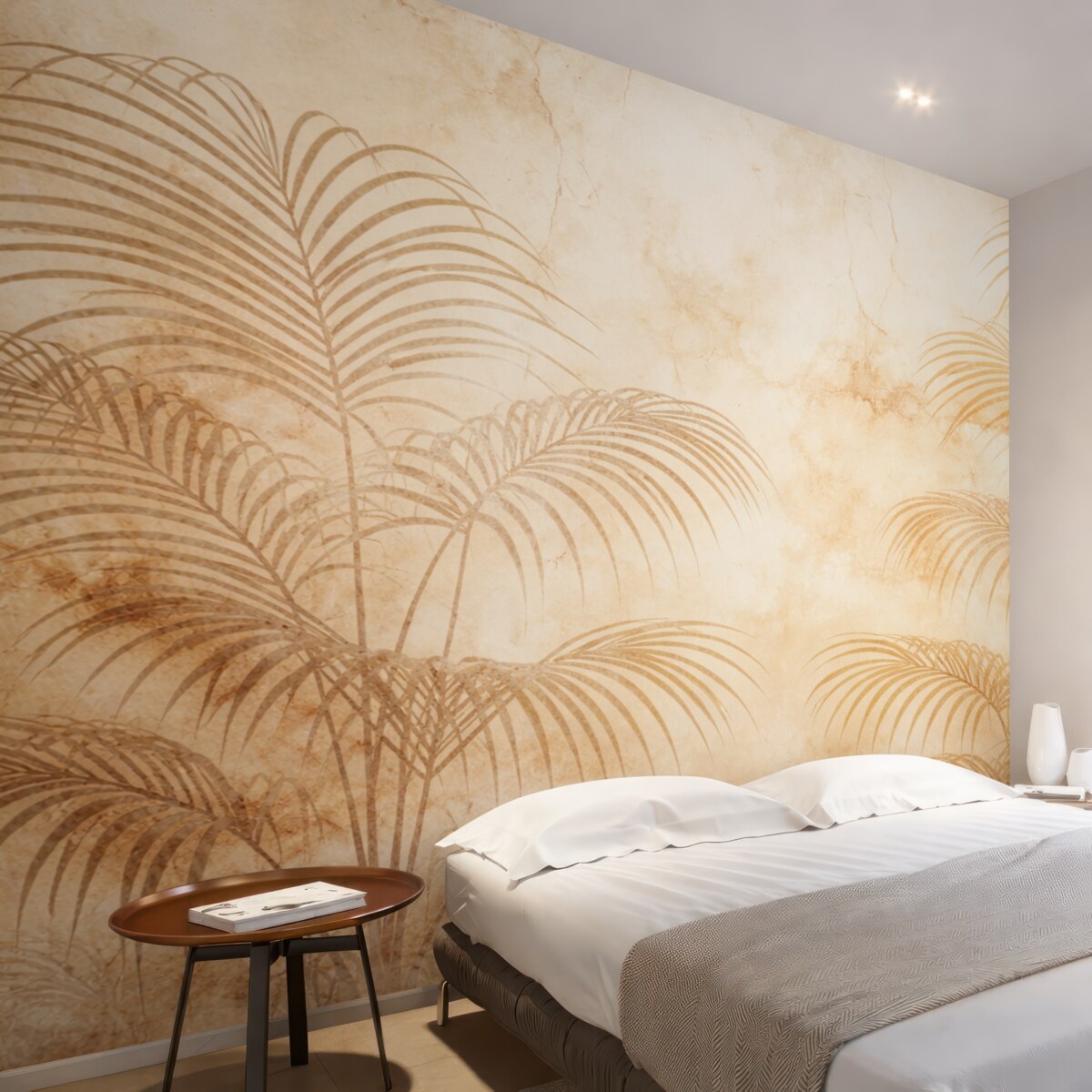 Fototapeta Sylwetki palmowych gałęzi na beżowej, spękanej ścianie.