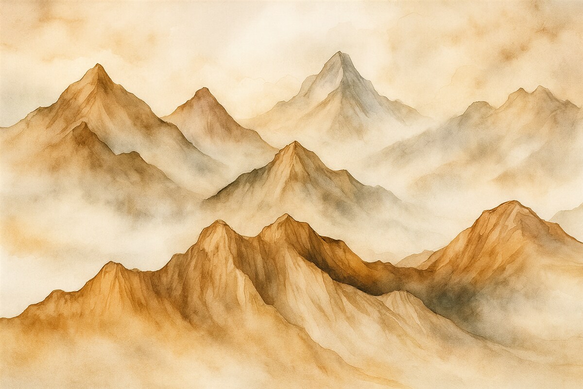 Fototapeta Górskie wzniesienia na pustynnej akwareli, odcień pomarańczowy.