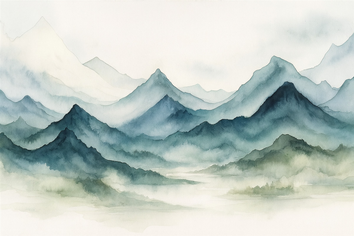 Fototapeta Błękitne szczyty w mgle, wilgotna akwarelowa ilustracja.