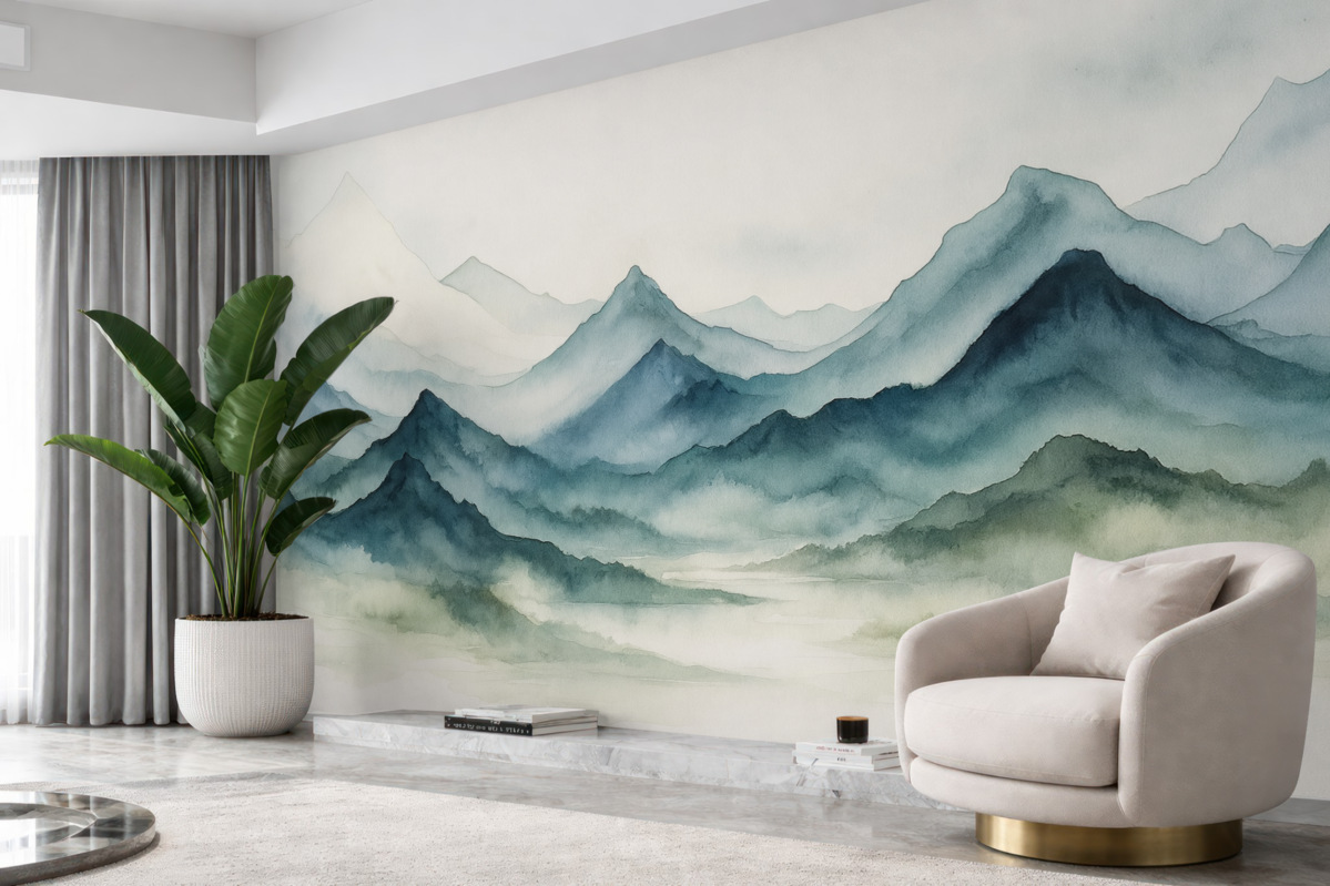 Fototapeta Błękitne szczyty w mgle, wilgotna akwarelowa ilustracja.