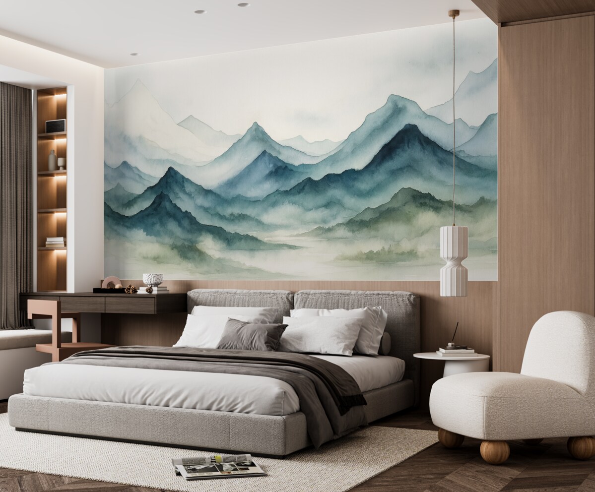 Fototapeta Błękitne szczyty w mgle, wilgotna akwarelowa ilustracja.