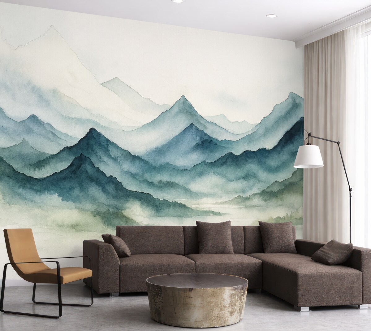 Fototapeta Błękitne szczyty w mgle, wilgotna akwarelowa ilustracja.