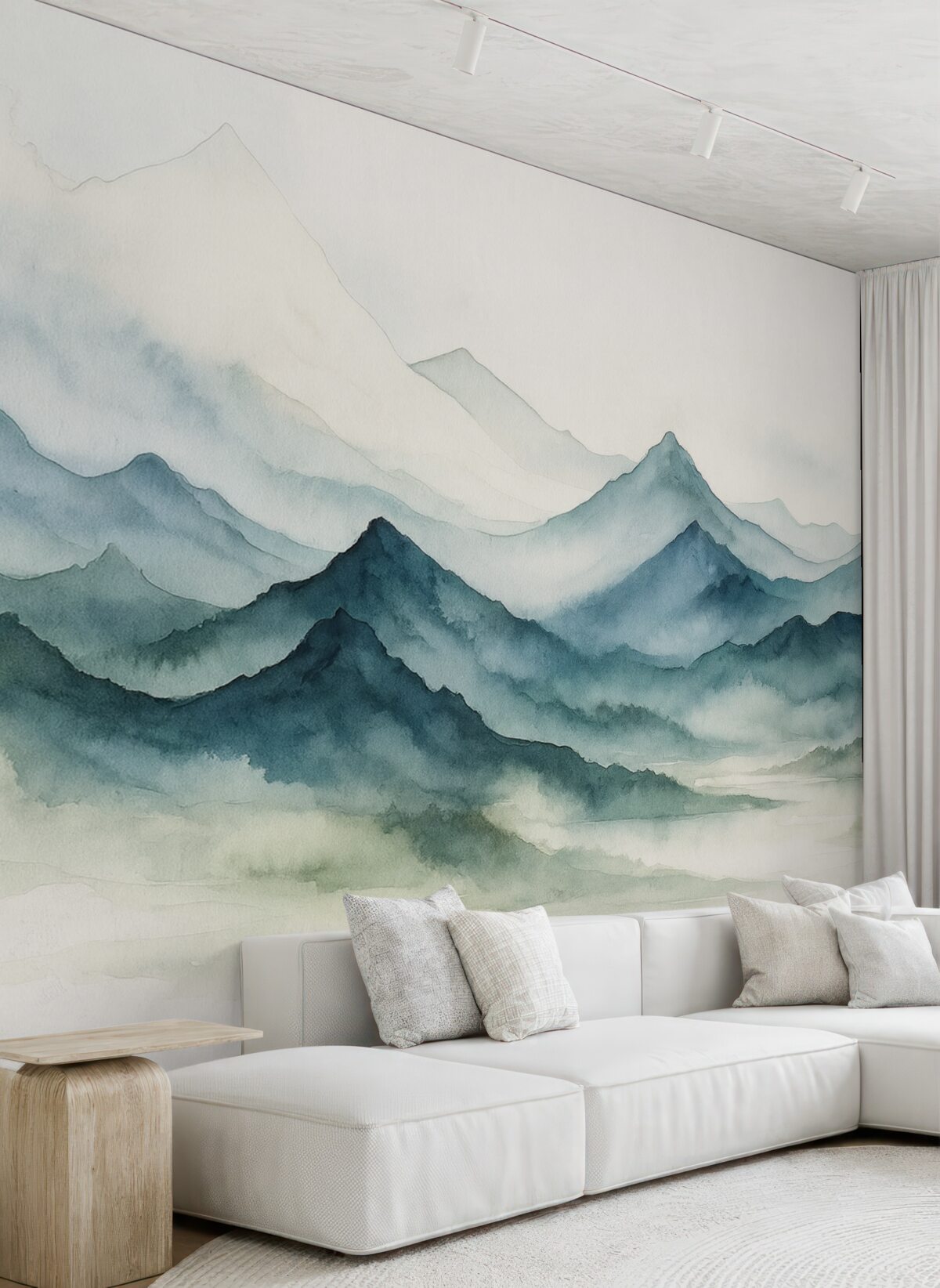 Fototapeta Błękitne szczyty w mgle, wilgotna akwarelowa ilustracja.