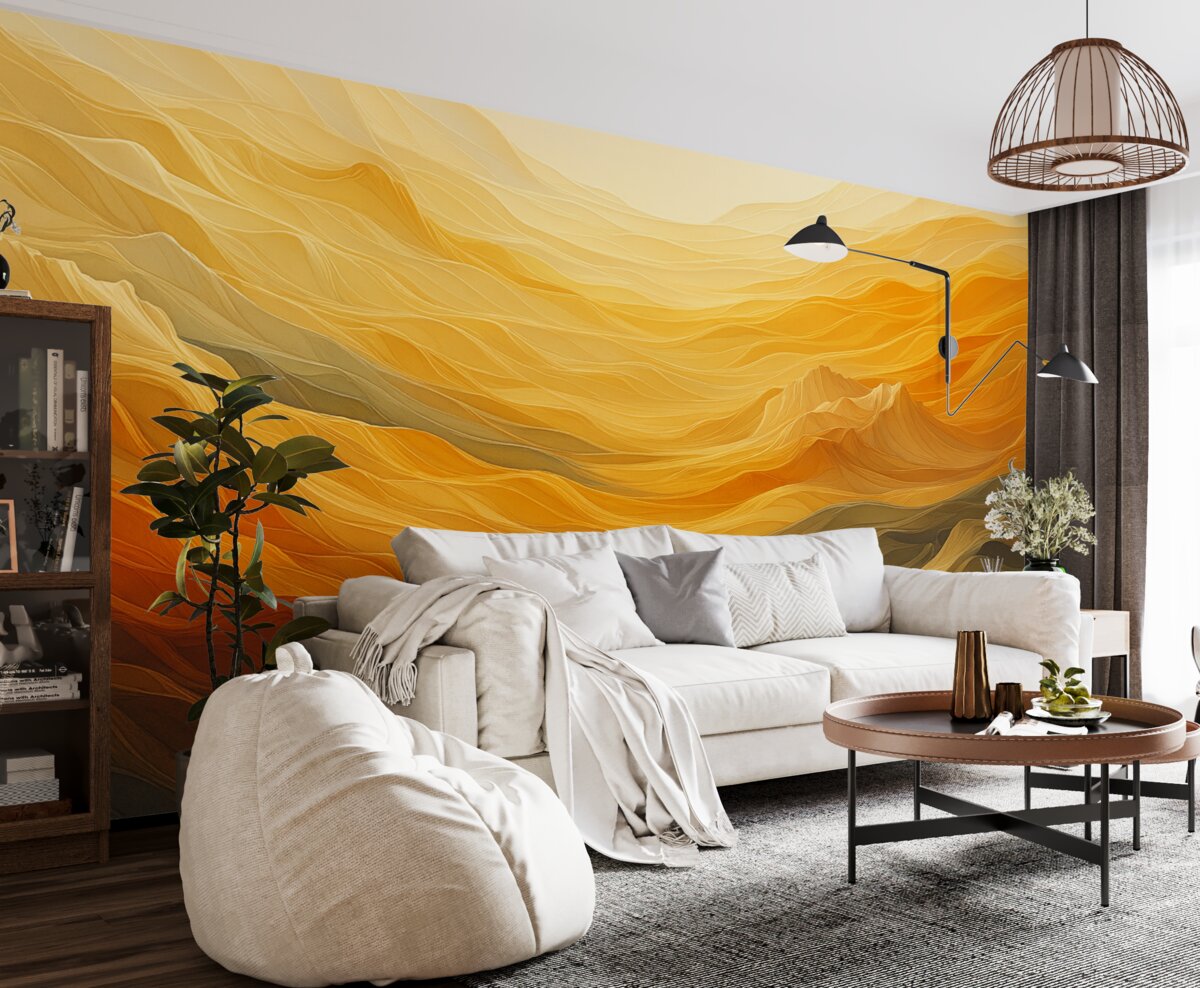 Fototapeta Górskie reliefy oraz wolumetryczne pagórki, odcień pomarańczowy, żółty.