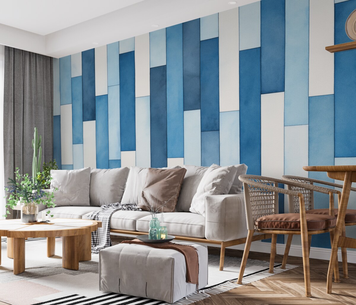 Fototapeta Pionowe akwarelowe niebiesko-białe szerokie pasy.