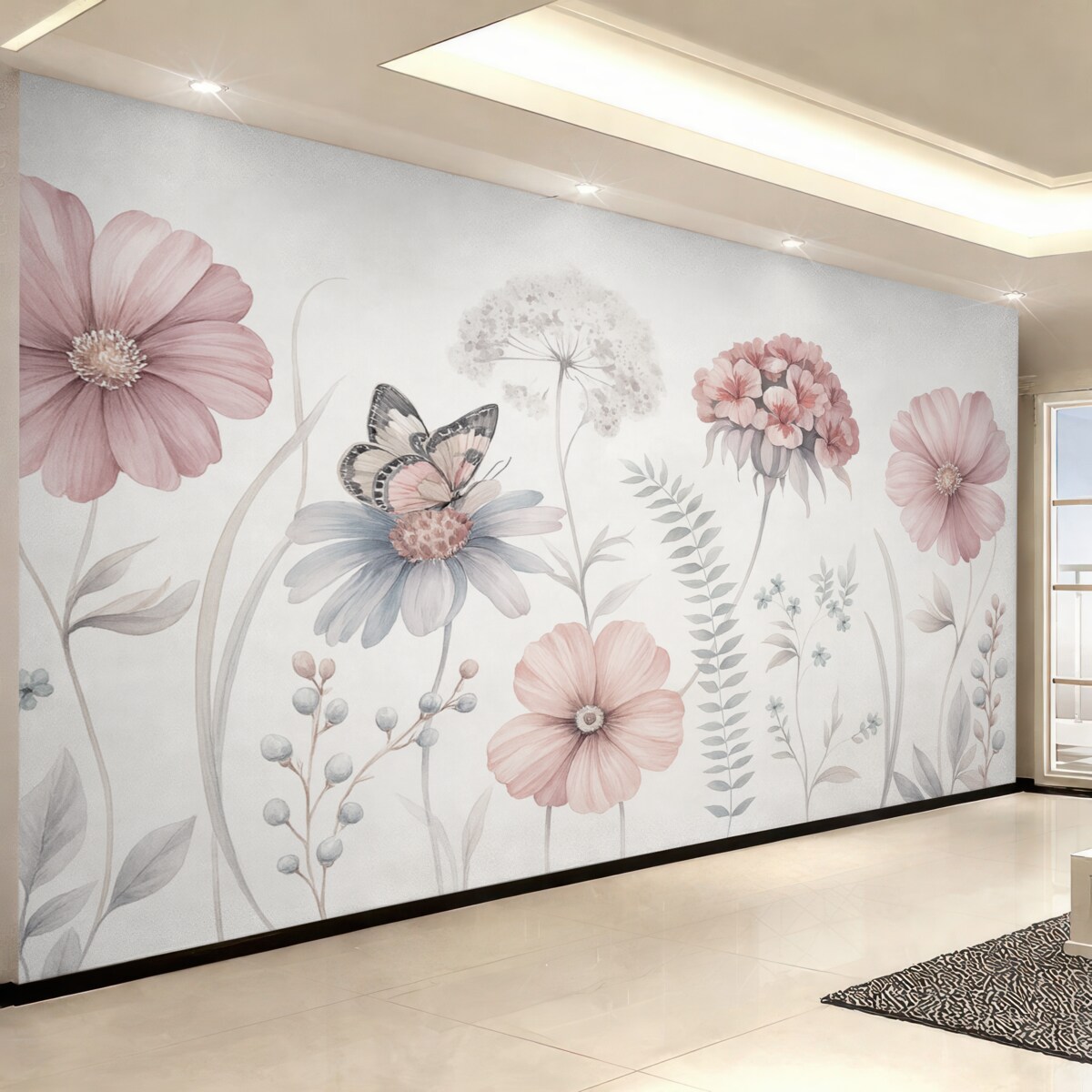 Fototapeta Obszerne, subtelne kwiaty oraz rośliny z motylkiem.