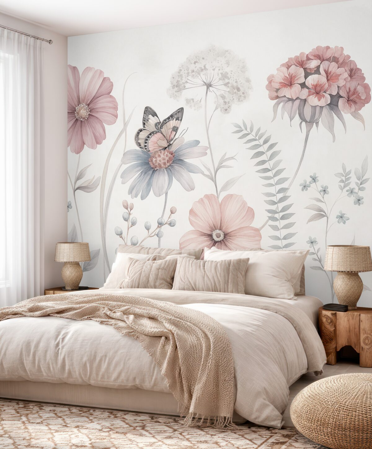 Fototapeta Obszerne, subtelne kwiaty oraz rośliny z motylkiem.