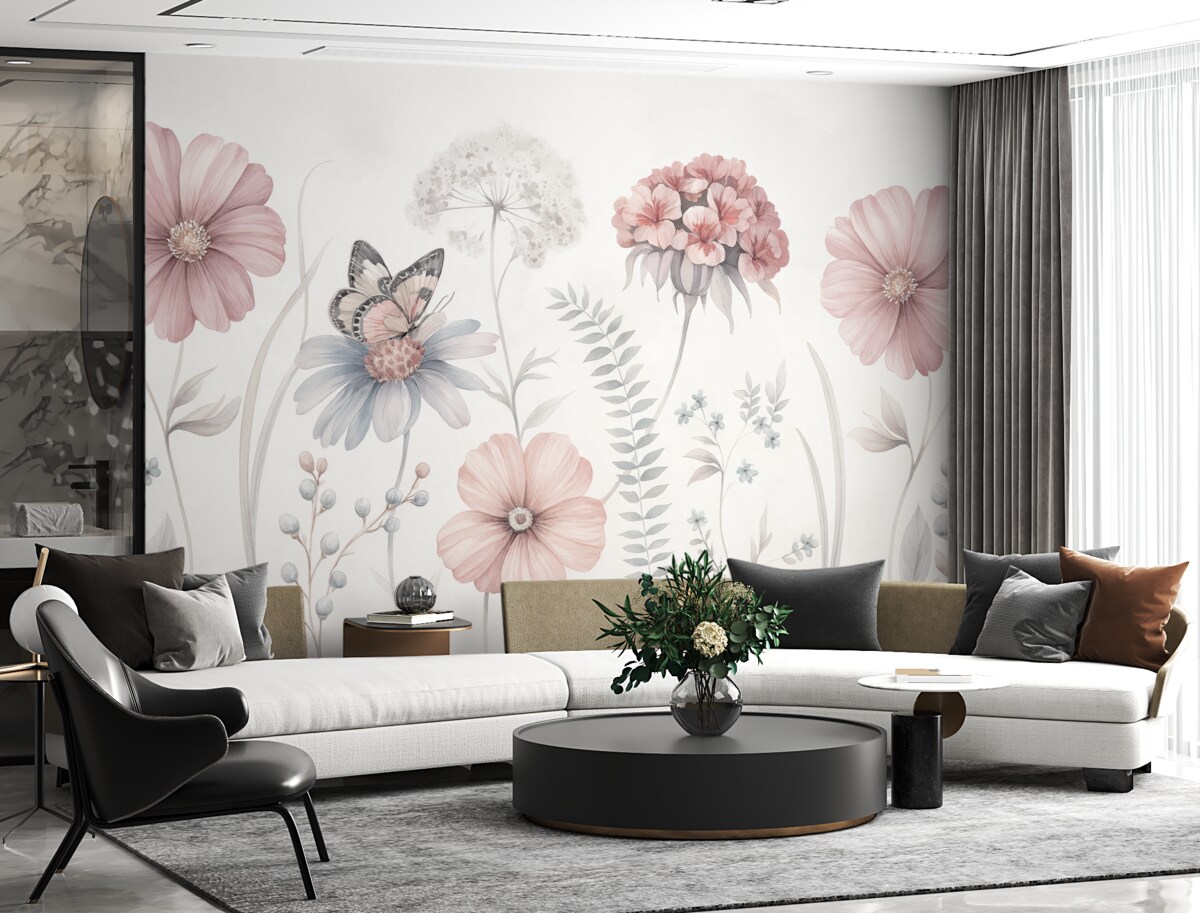 Fototapeta Obszerne, subtelne kwiaty oraz rośliny z motylkiem.