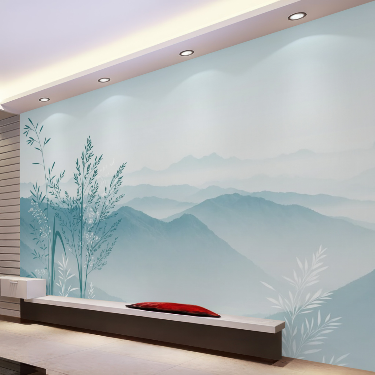 Fototapeta Panorama gór z roślinami i kwiatami.