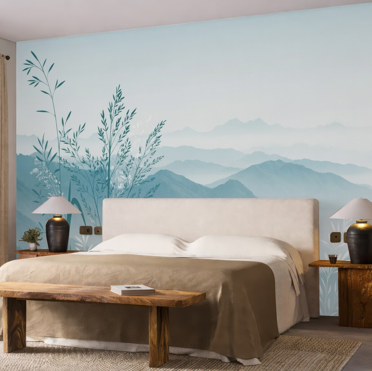 Fototapeta Panorama gór z roślinami i kwiatami.