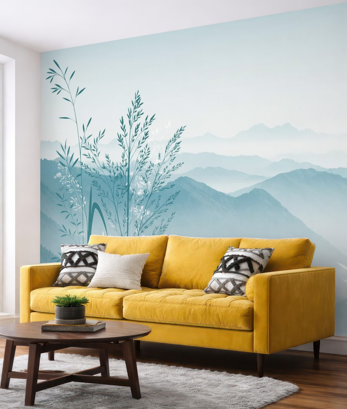 Fototapeta Panorama gór z roślinami i kwiatami.