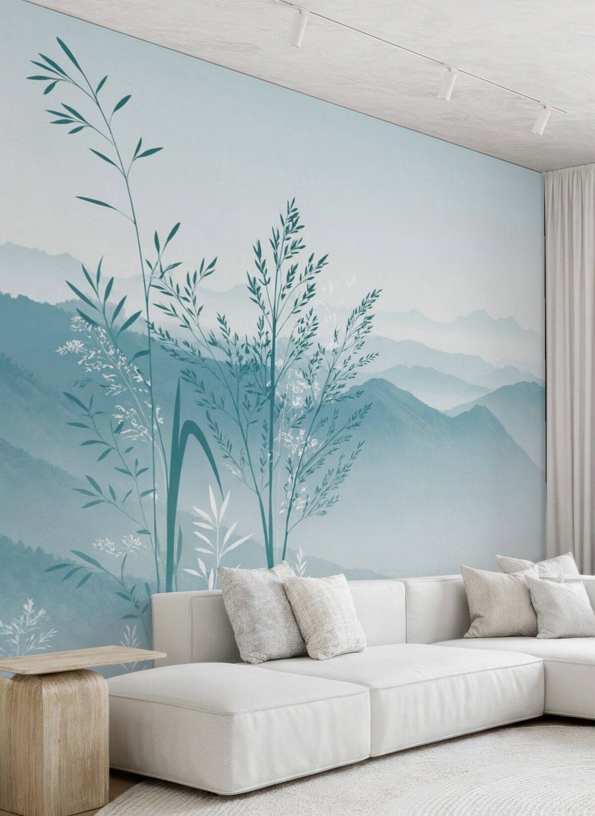 Fototapeta Panorama gór z roślinami i kwiatami.