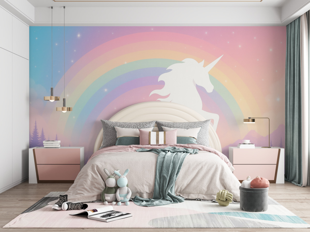 Fototapeta Sylwetka kucyka oraz barwne tło w stylu skandynawskim dla dziewczynek.