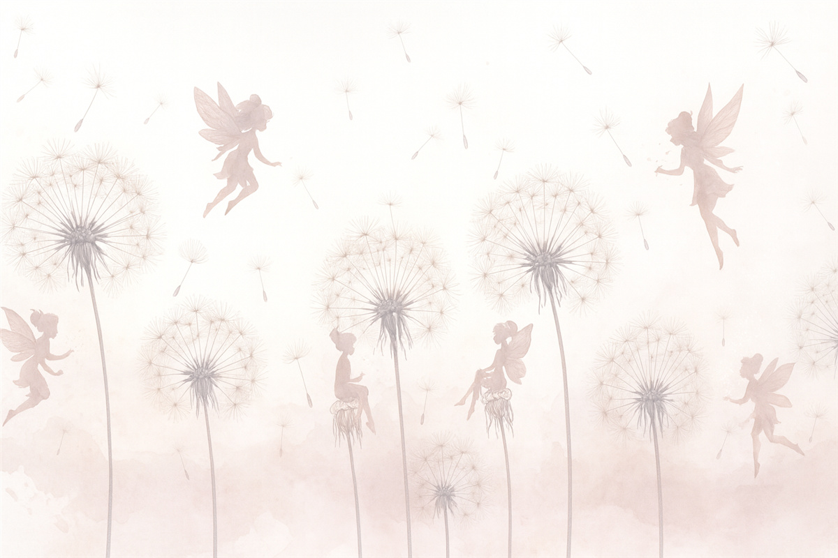 Fototapeta Zaczarowane wróżki w mleczach i dzikich kwiatach Skandynawski design dla dziewczynek w odcieniu różowym