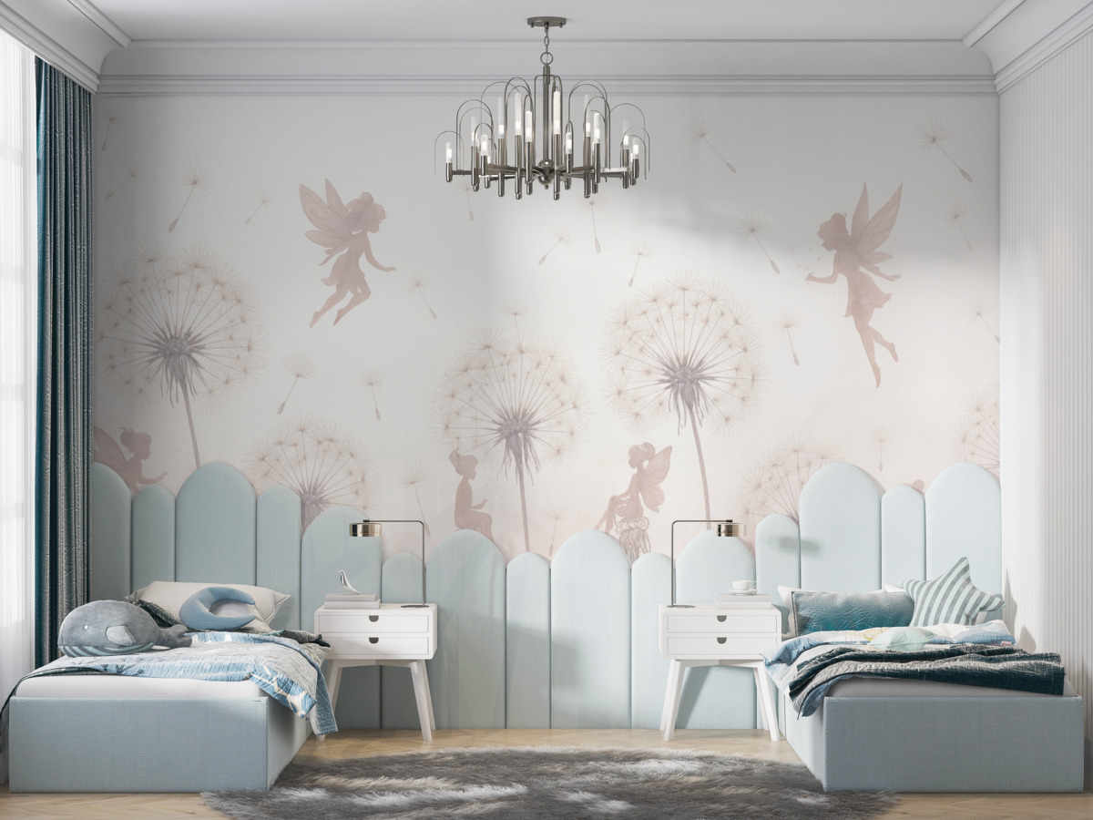 Fototapeta Zaczarowane wróżki w mleczach i dzikich kwiatach Skandynawski design dla dziewczynek w odcieniu różowym