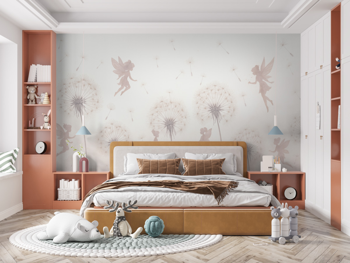 Fototapeta Zaczarowane wróżki w mleczach i dzikich kwiatach Skandynawski design dla dziewczynek w odcieniu różowym