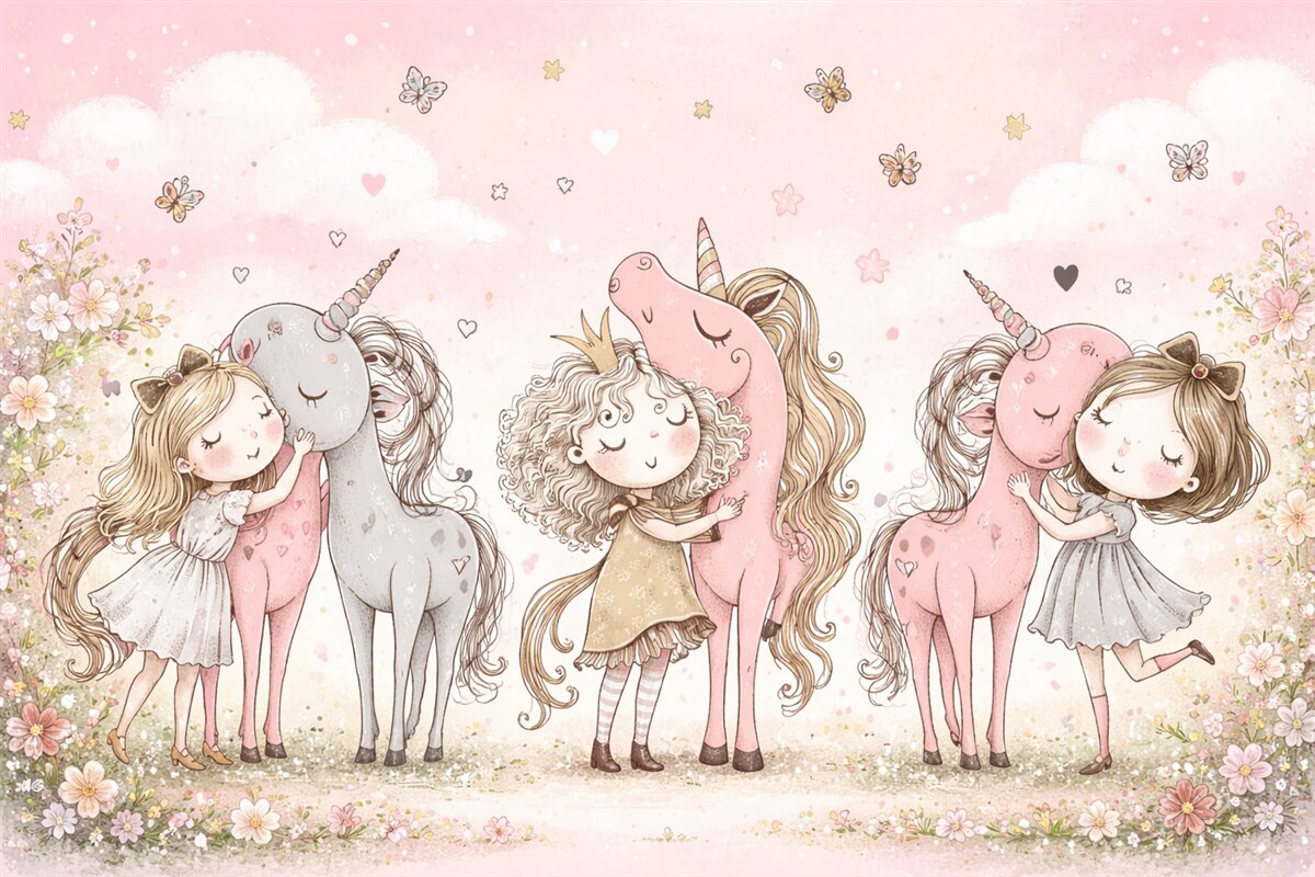 Fototapeta Cudowne dziewczynki i kucyki w skandynawskim wzornictwie dla dziewczynek.