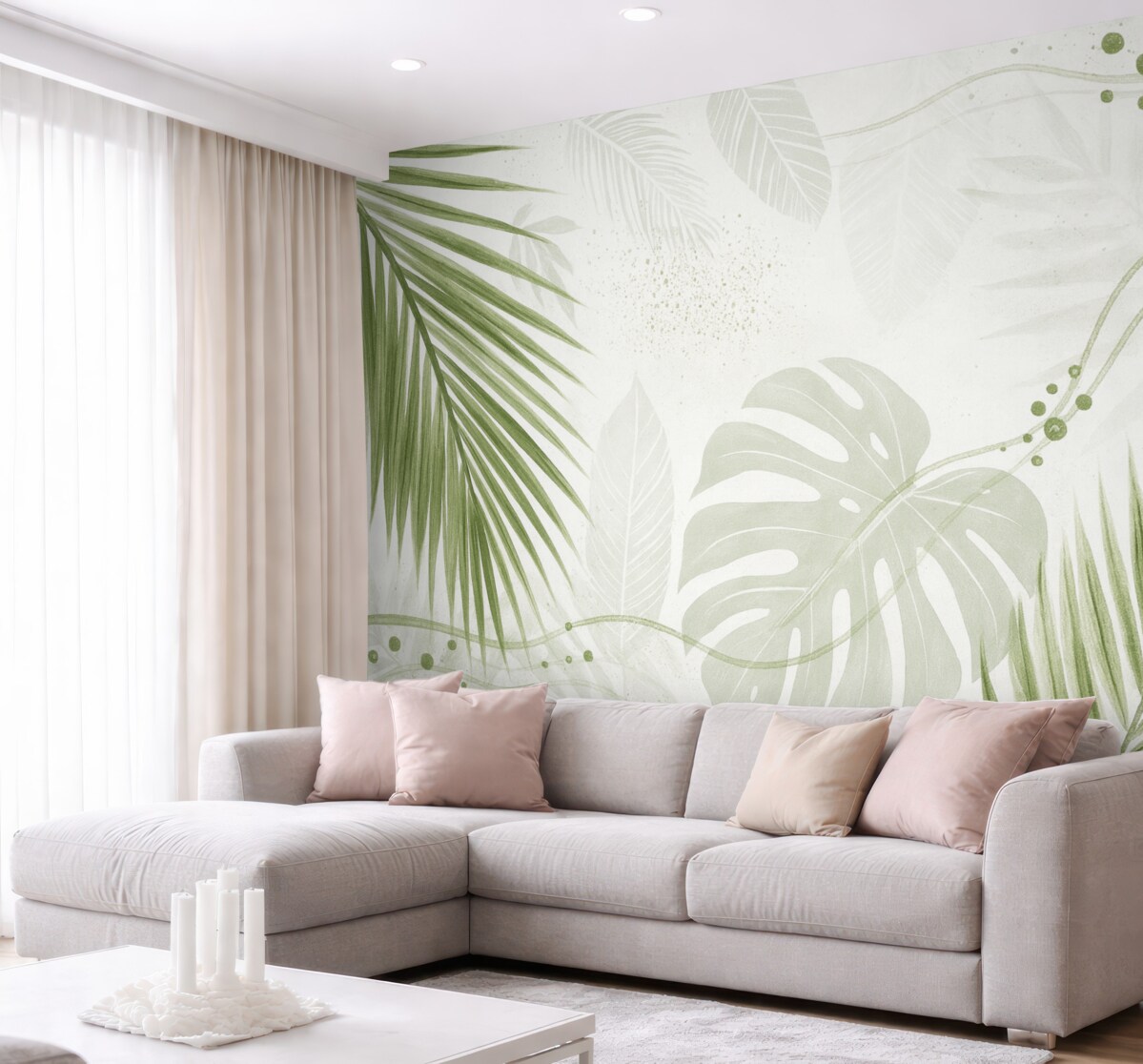Fototapeta Tropikalne zielone liście oraz liście palmy, o abstrakcyjnych formach i plamach w tonacjach zieleni i bieli.