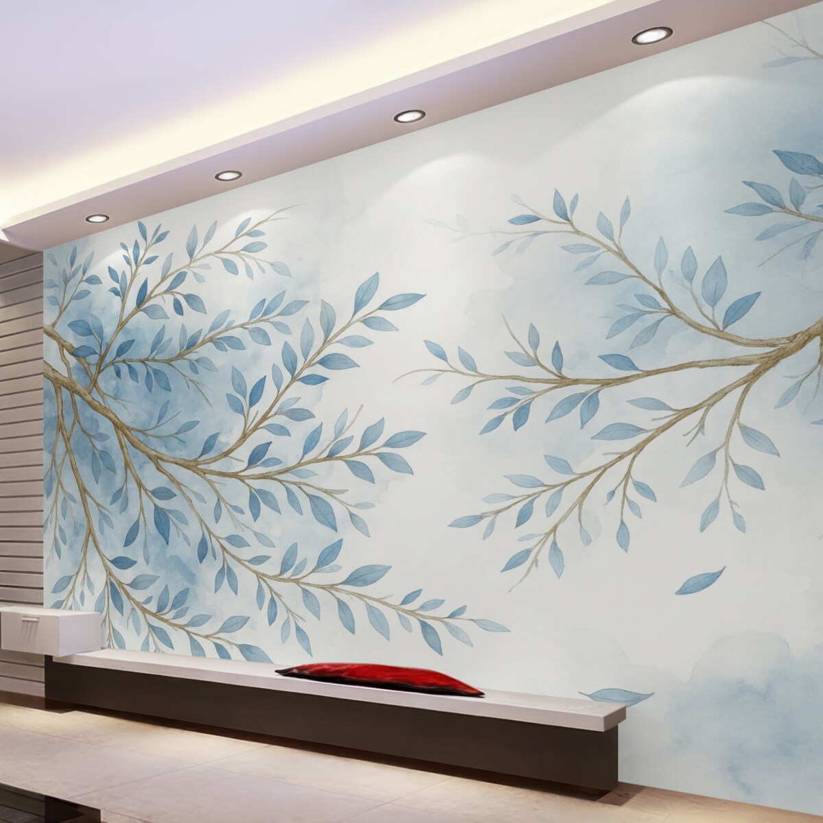 Fototapeta Subtelne niebiesko-białe gałązki kwiatowe z gładkim, rozmytym akwarelowym tłem.