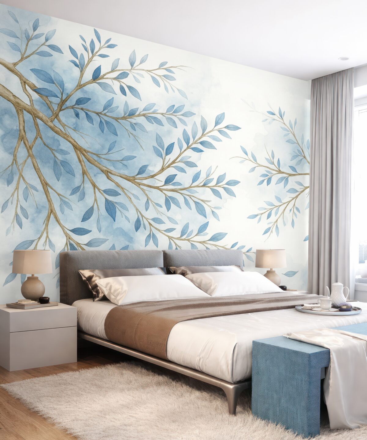 Fototapeta Subtelne niebiesko-białe gałązki kwiatowe z gładkim, rozmytym akwarelowym tłem.