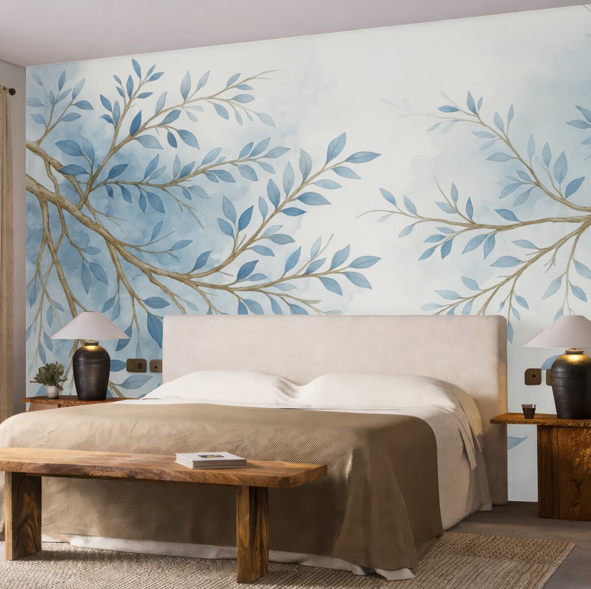 Fototapeta Subtelne niebiesko-białe gałązki kwiatowe z gładkim, rozmytym akwarelowym tłem.