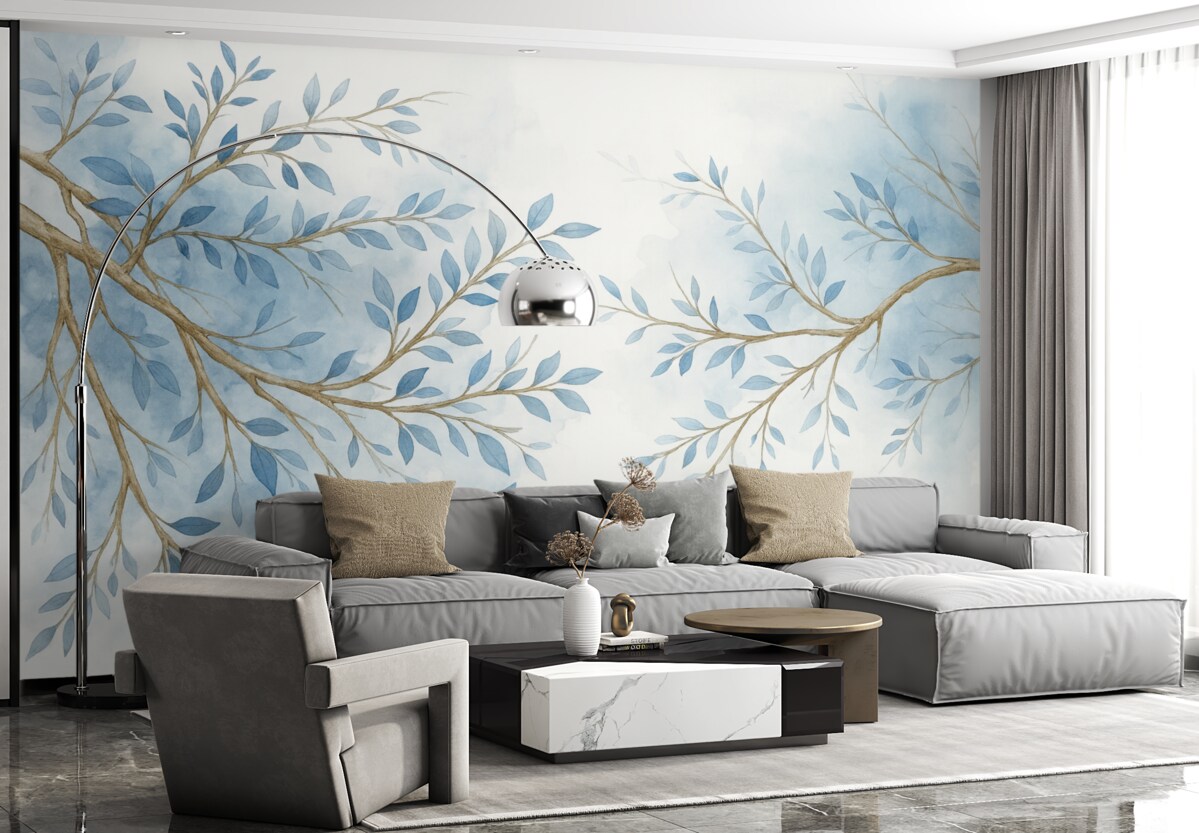 Fototapeta Subtelne niebiesko-białe gałązki kwiatowe z gładkim, rozmytym akwarelowym tłem.