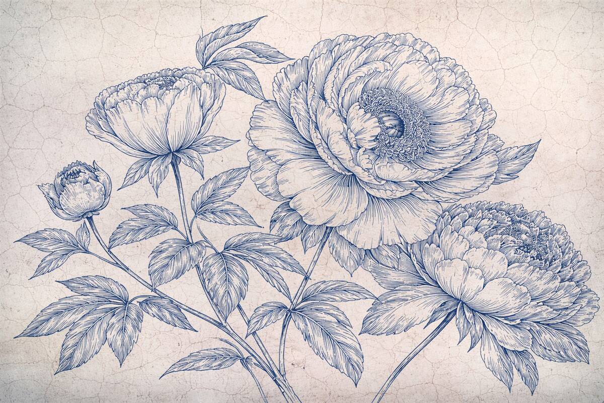 Fototapeta Dokładny obraz dużych kwiatów piwonii z gęstymi płatkami i liśćmi, na wzorzystym tle.