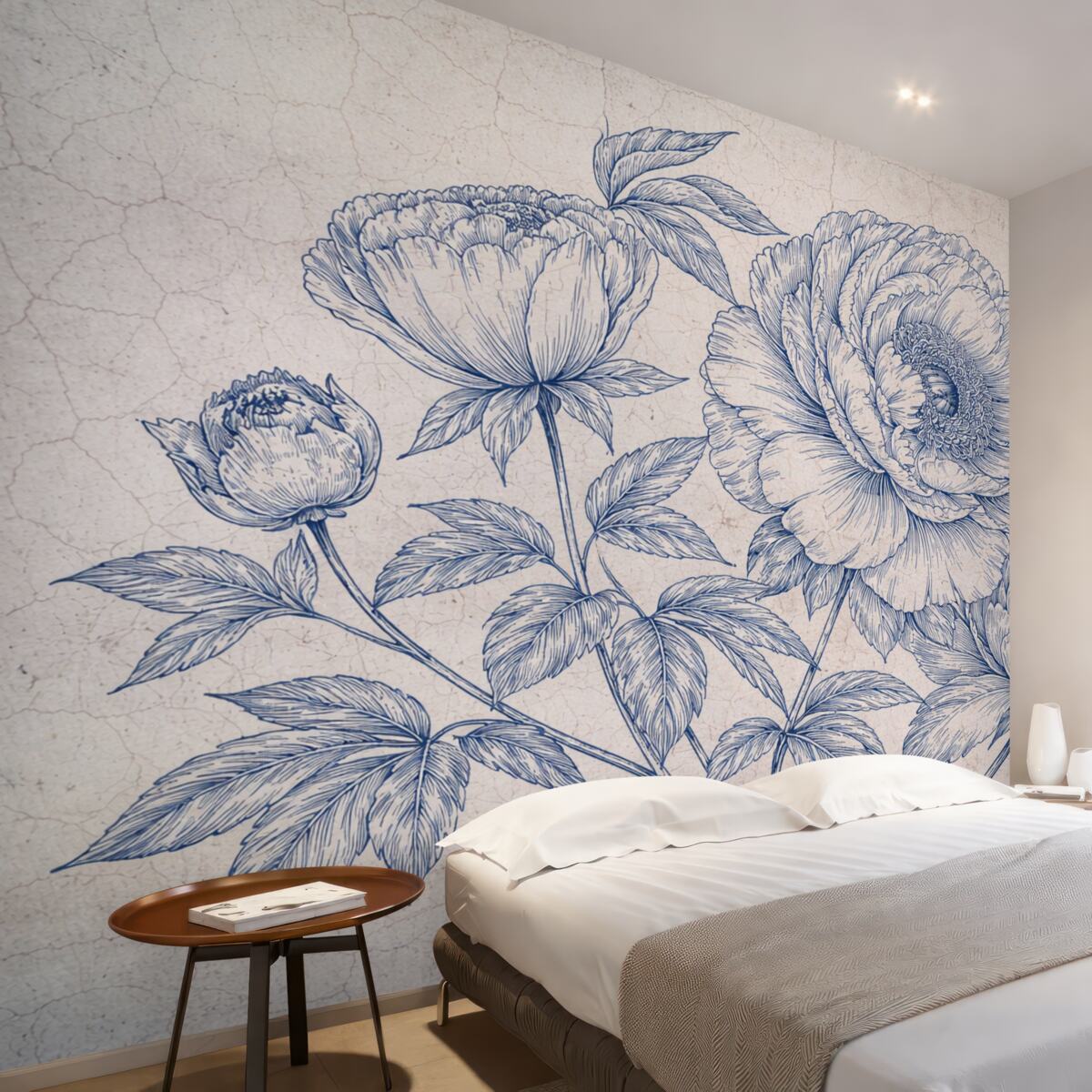 Fototapeta Dokładny obraz dużych kwiatów piwonii z gęstymi płatkami i liśćmi, na wzorzystym tle.