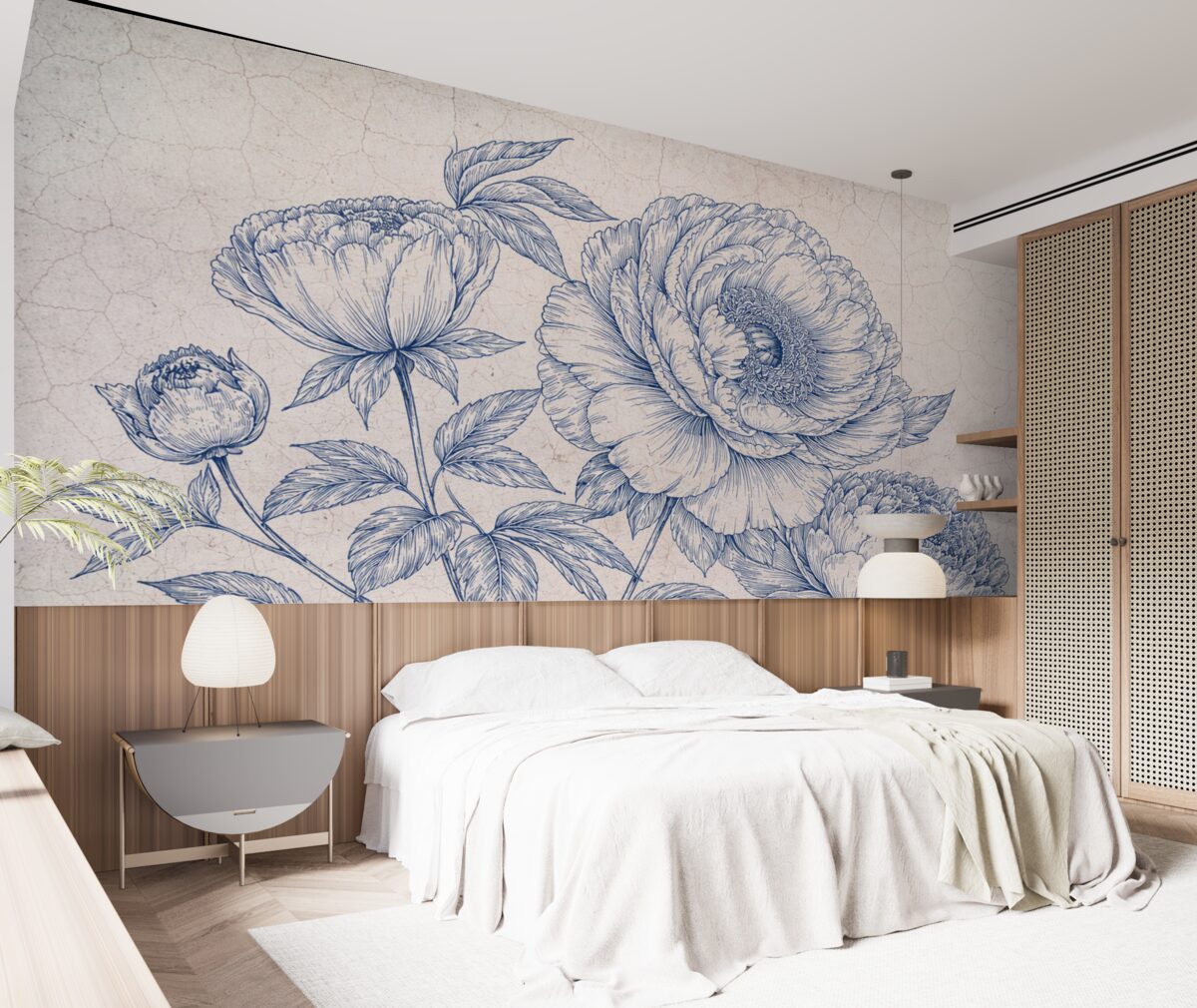 Fototapeta Dokładny obraz dużych kwiatów piwonii z gęstymi płatkami i liśćmi, na wzorzystym tle.