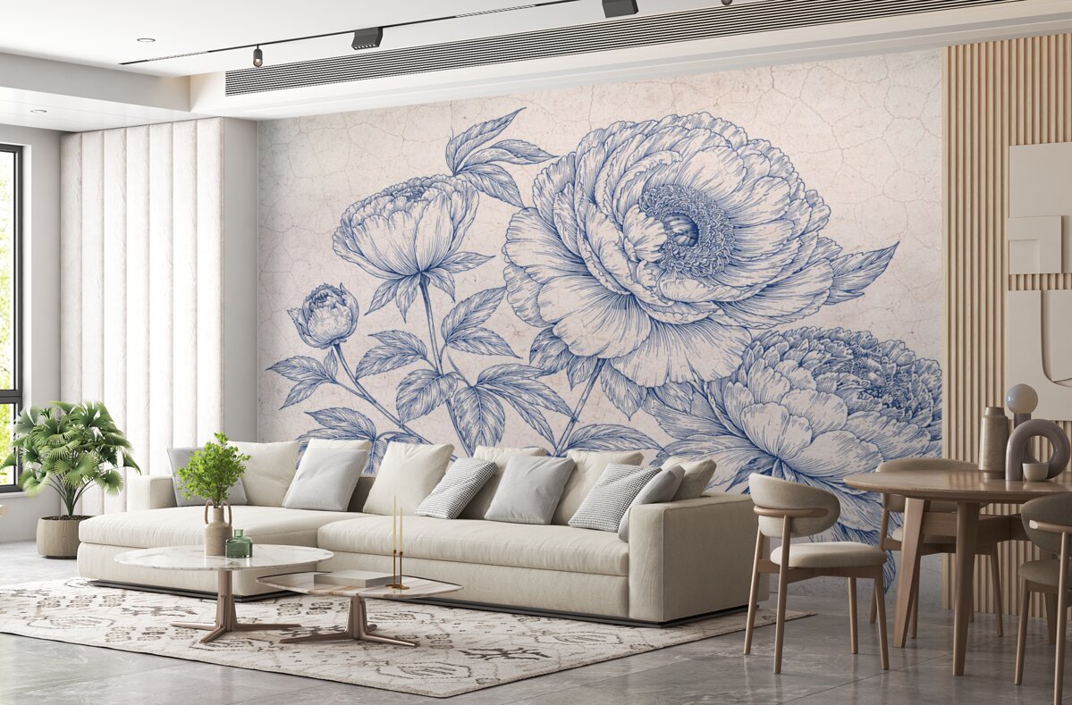 Fototapeta Dokładny obraz dużych kwiatów piwonii z gęstymi płatkami i liśćmi, na wzorzystym tle.