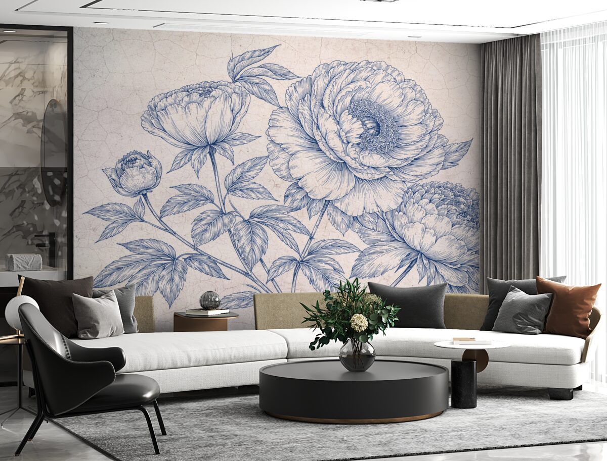 Fototapeta Dokładny obraz dużych kwiatów piwonii z gęstymi płatkami i liśćmi, na wzorzystym tle.