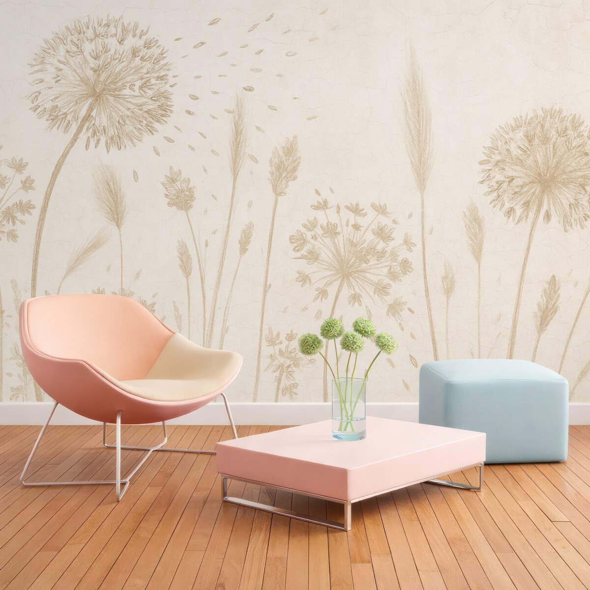 Fototapeta Łąka z mniszkami lekarskimi i innymi roślinami na delikatnym, mglistym tle.