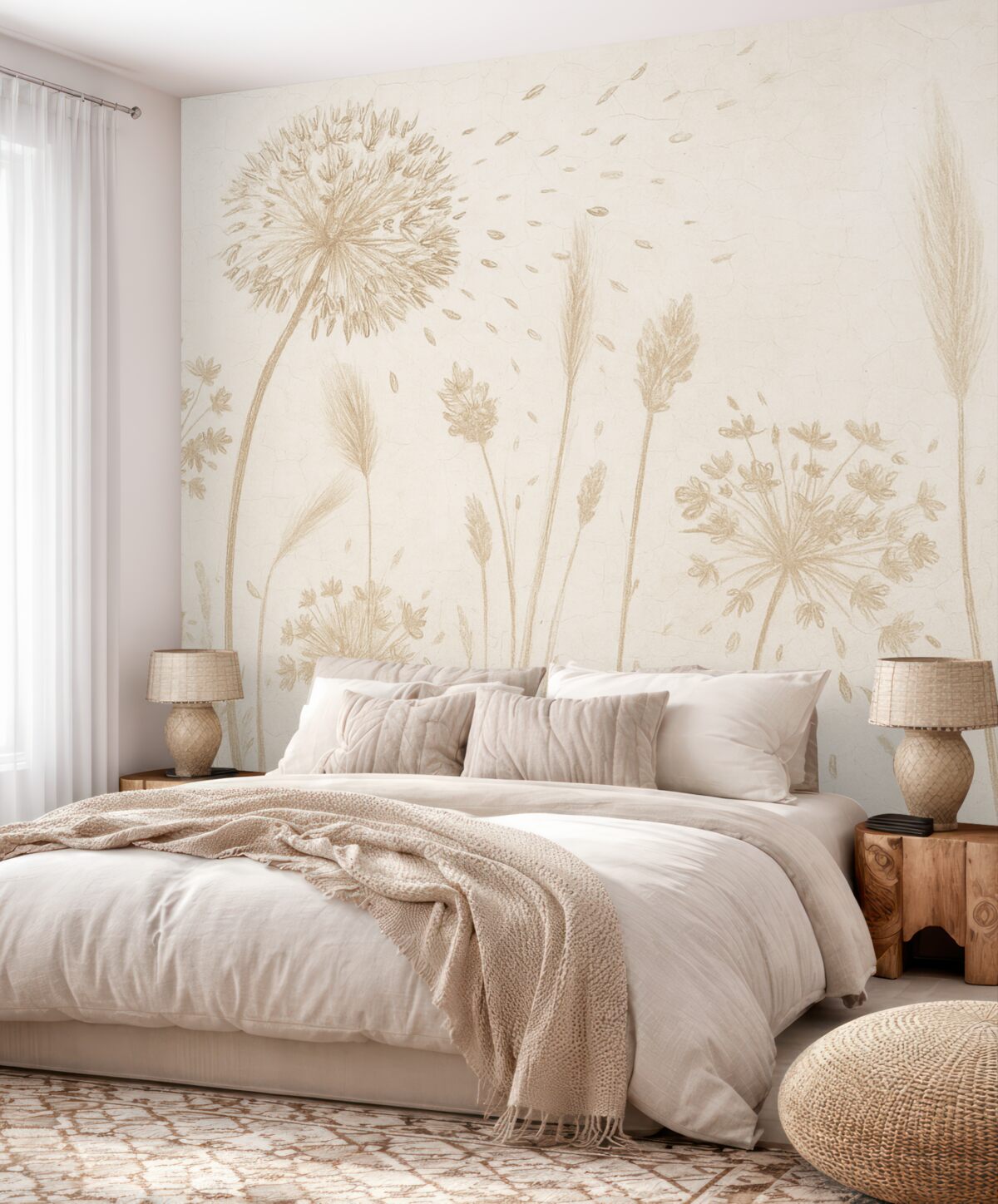 Fototapeta Łąka z mniszkami lekarskimi i innymi roślinami na delikatnym, mglistym tle.