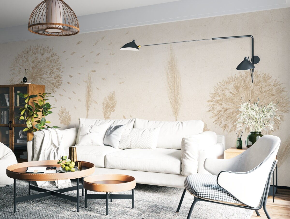 Fototapeta Łąka z mniszkami lekarskimi i innymi roślinami na delikatnym, mglistym tle.