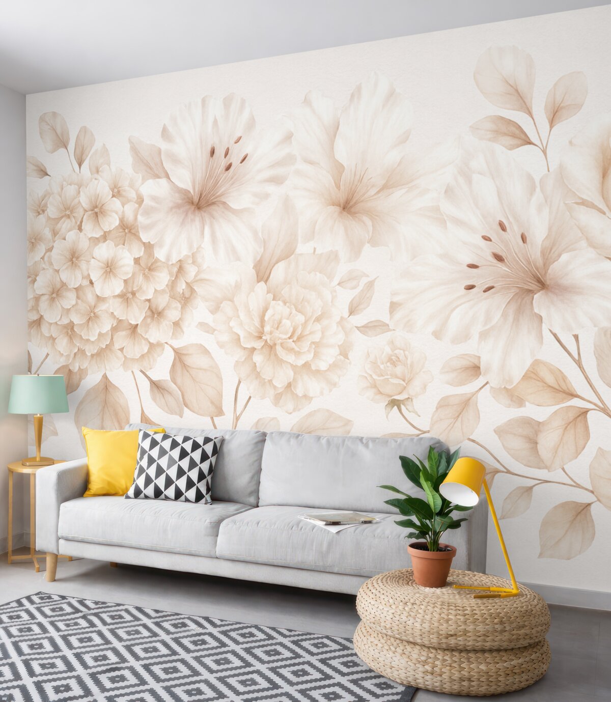 Fototapeta Subtelna różowo-biała aranżacja kwiatowa z cienkimi płatkami i kwiatami na jasnym tle.