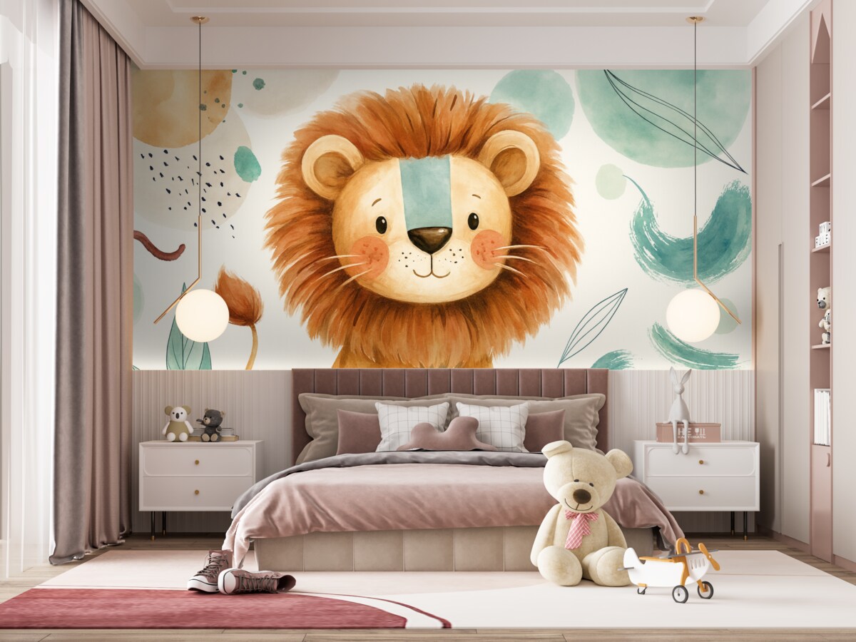 Fototapeta Słodki lew z bajek na kolorowym, abstrakcyjnym tle z pociągnięciami pędzla oraz plamami pastelowych odcieni.