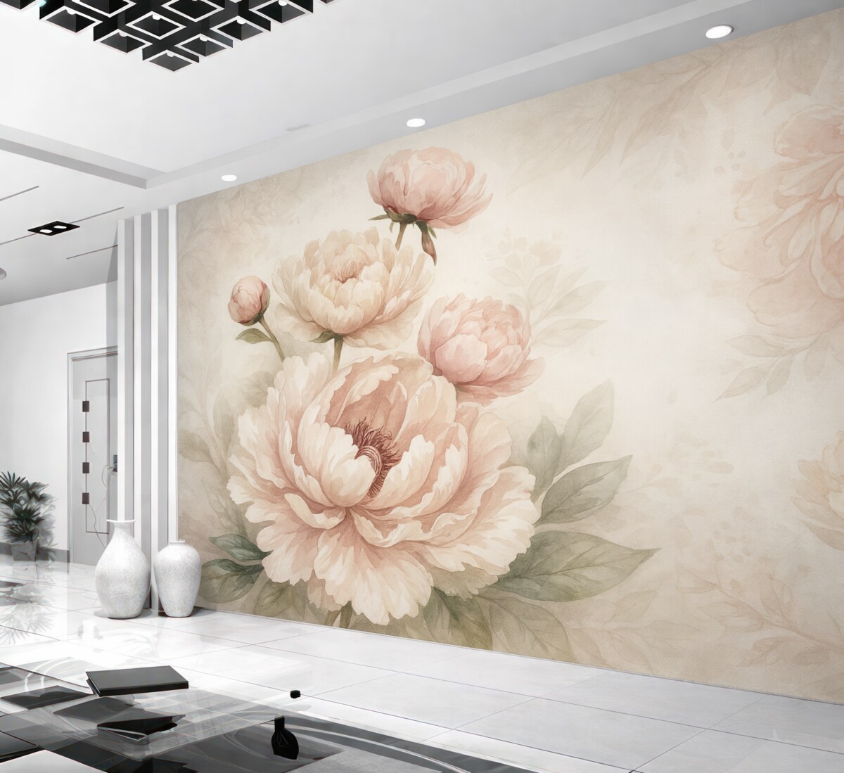 Fototapeta Subtelne różowe piwonie z aksamitnymi płatkami na jasnym tle, tworzą wyszukaną kompozycję florystyczną.