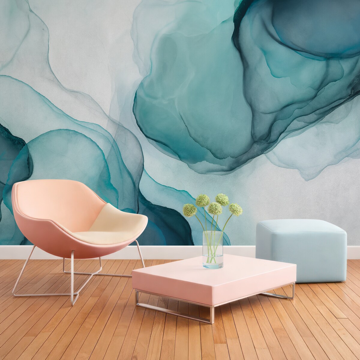 Fototapeta Abstrakcyjna niebiesko-biała sztuka płynna, przypominająca spływającą wodę i tusz.