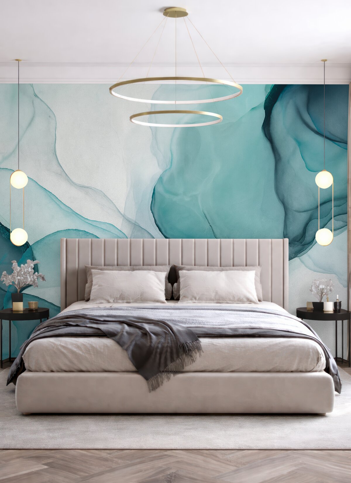 Fototapeta Abstrakcyjna niebiesko-biała sztuka płynna, przypominająca spływającą wodę i tusz.