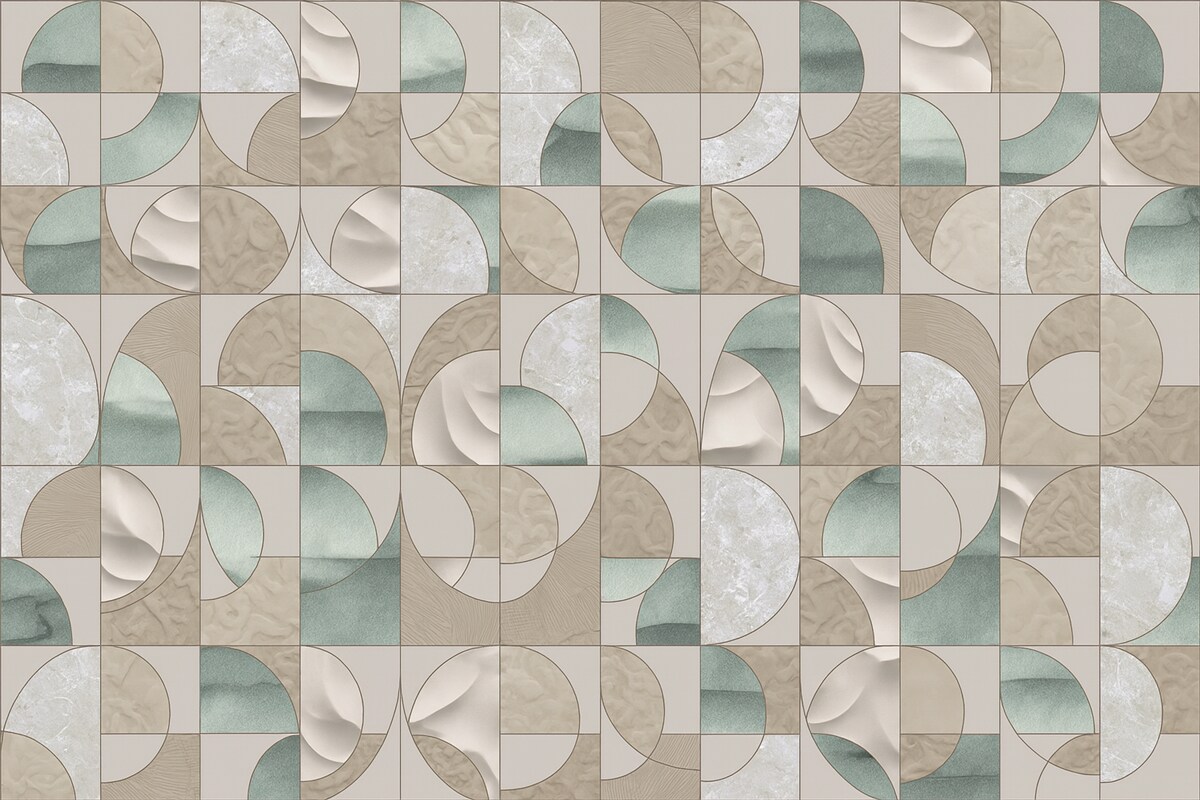 Fototapeta Geometryczny motyw zielonych, beżowych i białych faktur ułożonych w cykliczny abstrakcyjny wzór.